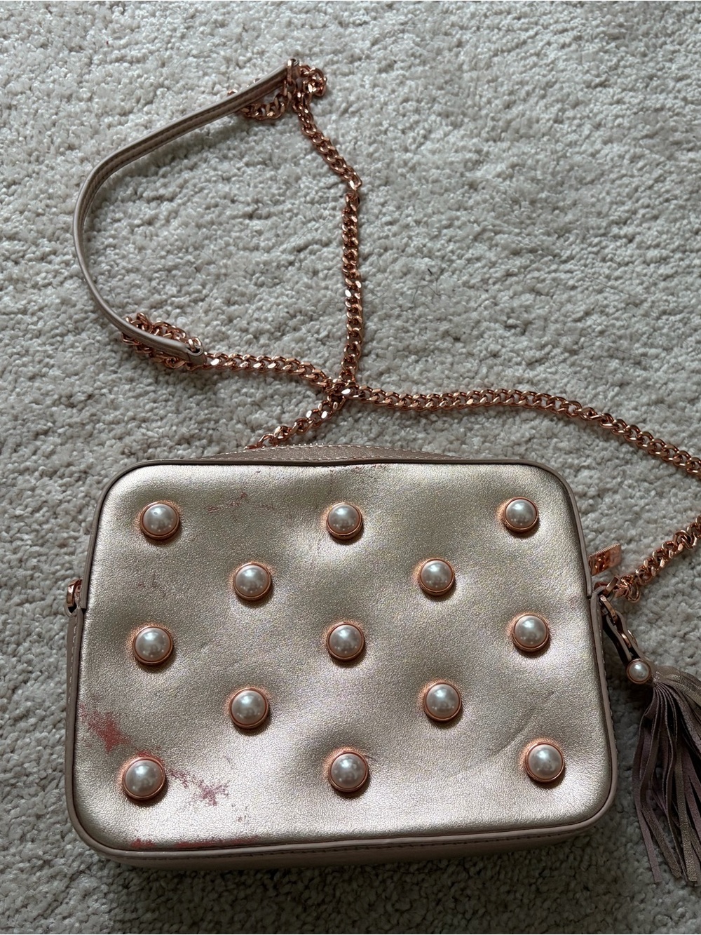 Ted Baker Pearl-Embellished Metallic Crossbody Bag - Rose Gold